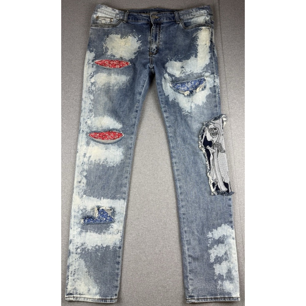 MNML Mens 38 Distressed Patchwork Jeans Bandana Skeleton Acid Wash Denim